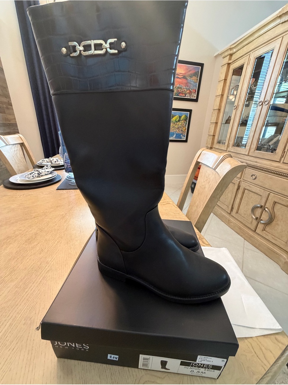 Jones New York Black Tall Riding Boots with Croc-Trim and Silver Hardware